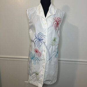 Tropical Embroidered White Button-Down Swim Coverup